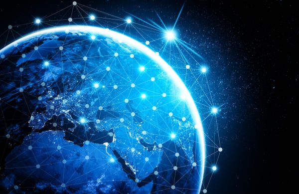 Global network connection covering the earth with lines of innovative perception . Concept of 5G wireless digital connection and future in the internet of things . - Elements of this image furnished by NASA (https://eoimages.gsfc.nasa.gov/images/imagerecords/73000/73776/world.topo.bathy.200408.3x5400x2700.jpg)