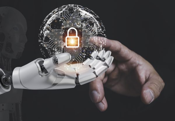 Idea unlocking technology concept with a robotic arm with a key and a white globe icon The world's most technologically advanced unlocking symbol.