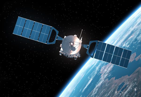 Satellite Orbiting Earth. 3D Scene.